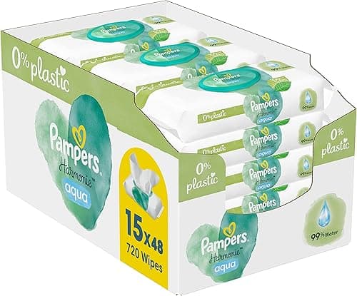 Pampers Harmonie Aqua Wet Wipes - 15 Packs of 48 Wipes, Restores Skin's Natural pH Value, Light Lotion with 99% Water