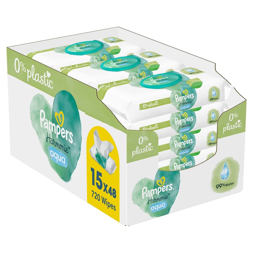 Pampers Harmonie Aqua Wet Wipes - 15 Packs of 48 Wipes, Restores Skin's Natural pH Value, Light Lotion with 99% Water - 1