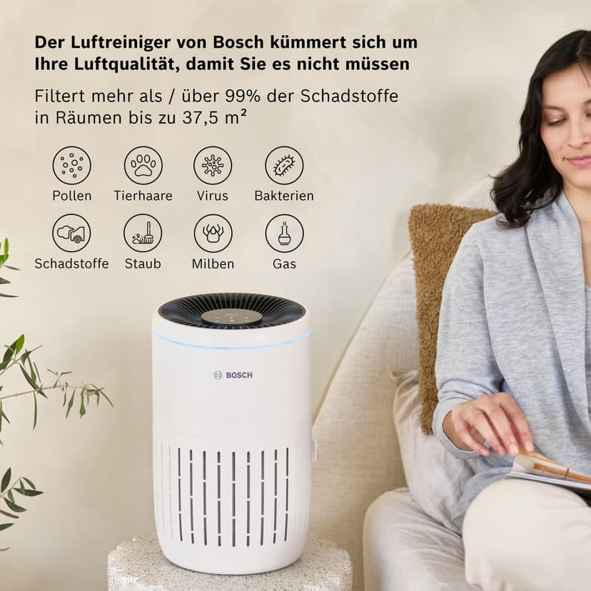 Bosch Air 2000 Purificateur d'air - Élimine les Polluants, Avec un Filtre à Air et un Mode Sommeil (< 25 dB(A)) - Pour jusqu'à 37,5 m² - Avec Capteur Intelligent et Mode Automatique - CADR : 180 m³/h - 2