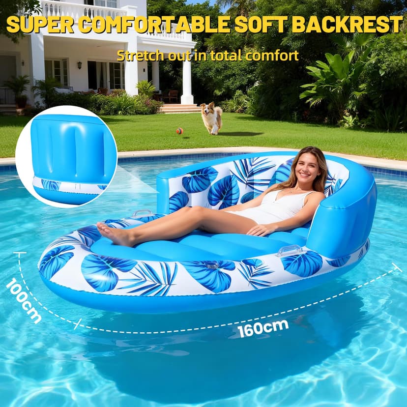 Luxfero Matelas Gonflable Piscine Adultes, 160 x 100 cm Bouée Gonflable Piscine avec Dossier, Matelas Piscine Gonflable avec Porte-Boisson et Porte-Téléphone, Piscine de Bronzage pour Plage et Jardin - 2