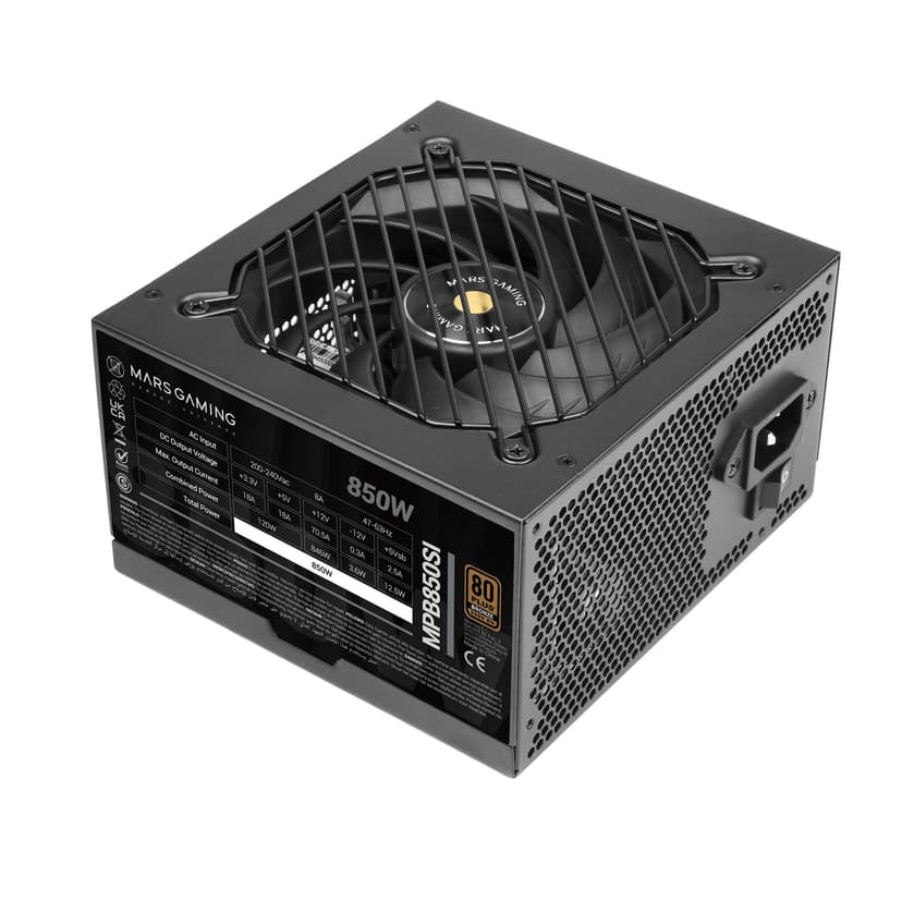 Mars Gaming MPB850SI, Alimentation PC ATX 850W, Garantie 7 Ans, 80Plus Bronze 230V, 90% d'Efficacité, Ventilateur SI Extreme Silence avec Noyau en Cuivre, Technologies AI2-RPM, DC-DC et SMD, Noir - 1