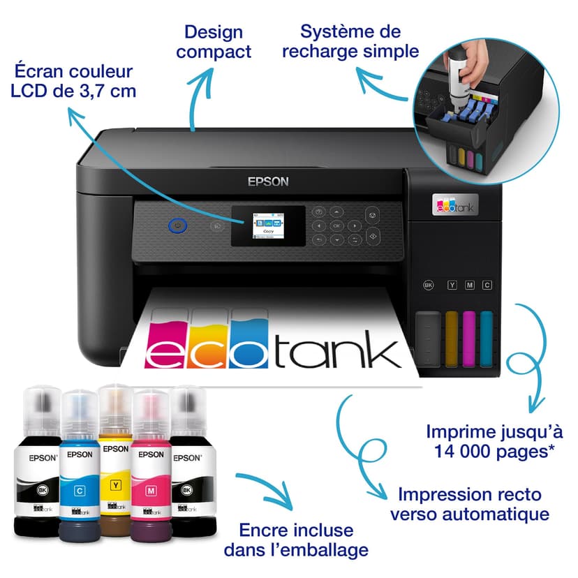 Epson Imprimante EcoTank ET-2851 avec réservoirs, Multifonction 3-en-1: Imprimante recto verso / Scanner / Copieur, A4, Jet d'encre couleur, Wifi Direct, Ecran, Faible coût par page, Compact - 2