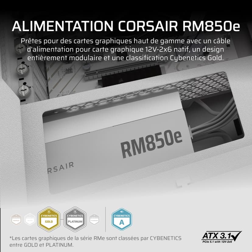 CORSAIR RM850e (2025) Fully Modular ATX Power Supply with Low Noise and 12V-2x6 Cable - ATX 3.1 & PCIe 5.1, Cybenetics Gold Efficiency, 105°C Capacitors, Modern Standby Mode – White - 2
