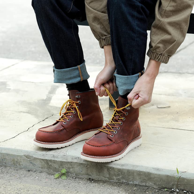 SL-Saint Men’s Work Boots Soft Moc Toe Classic Ankle Fashion Casual 6'' Wedge Industrial Construction Shoes Brown/Black (Wedge Sole, Brown, Adult, Men, 8.5, Numeric, UK Footwear Size System, Wide) - 2