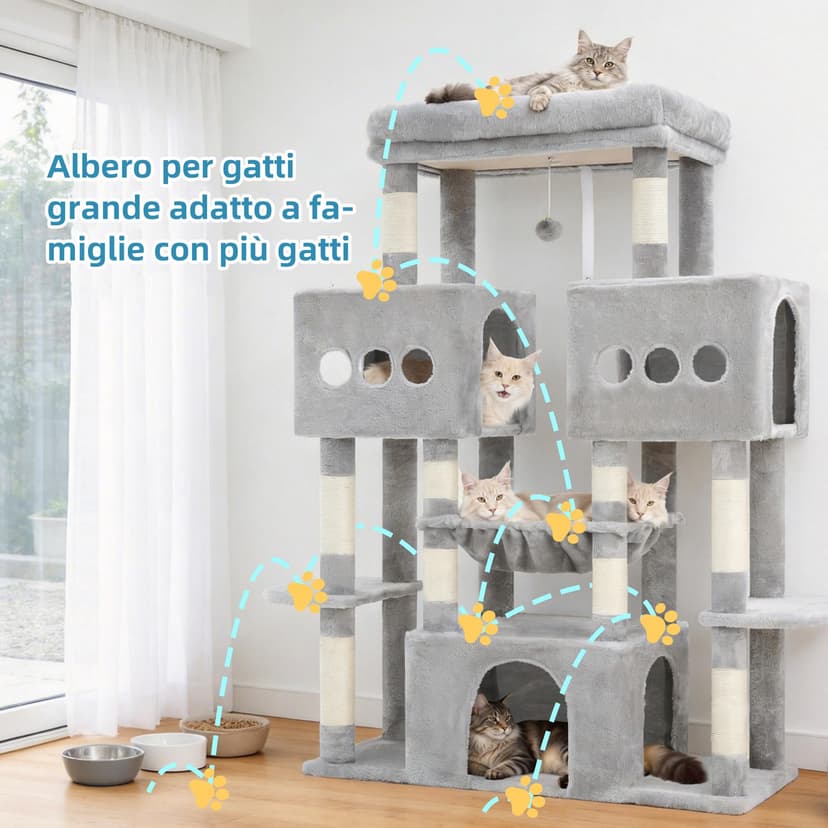 Hey-brother Arbre à Chat, Tour de Jeux Multiniveaux 144cm pour Maine Coon, avec 3 Grandes grottes, Plateformes spacieuses, Niche Confortable et Balle Peluche Suspendue, Gris Clair MPJ083W - 6