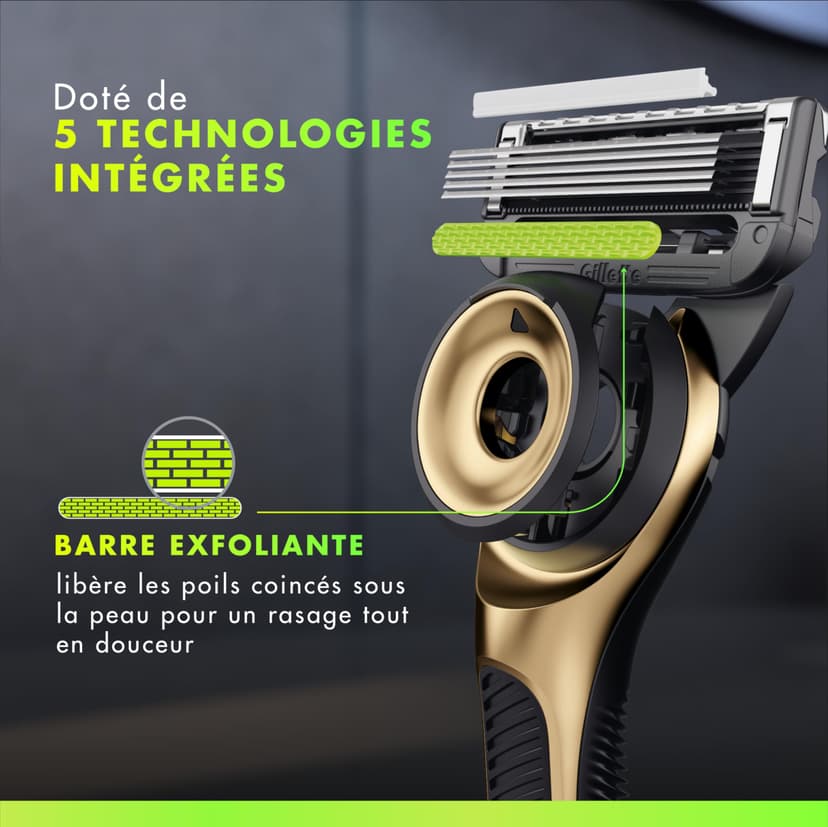 Gillette Labs Rasoir Homme Avec Barre Exfoliante Champion Gold, Manche Réutilisable Et 5 Cartouches De Recharge GilletteLabs A 5 Meilleures Lames De La Marque, Rasage Confortable Du Visage - 3