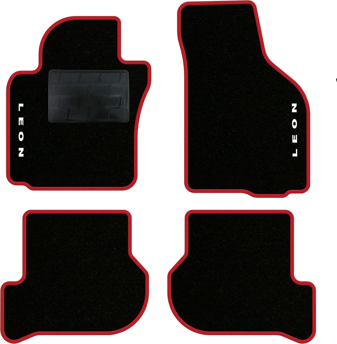 QUEMAR Tappetini Auto compatibili con Seat Leon II 1P 1P1 2005-2012/ Kit Tappeti Moquette e Gomma su Misura (Set 2 Anteriori + 2 Posteriori)/ Ricami e Colori Personalizzati (2 Ricami, Bordo Rosso)