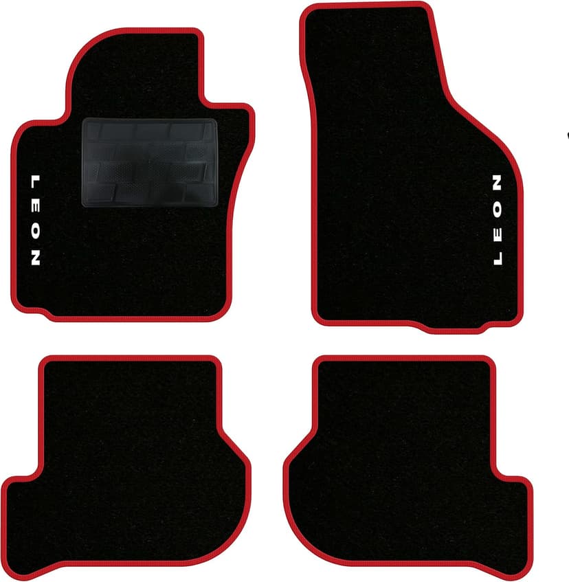 QUEMAR Tappetini Auto compatibili con Seat Leon II 1P 1P1 2005-2012/ Kit Tappeti Moquette e Gomma su Misura (Set 2 Anteriori + 2 Posteriori)/ Ricami e Colori Personalizzati (2 Ricami, Bordo Rosso) - 1