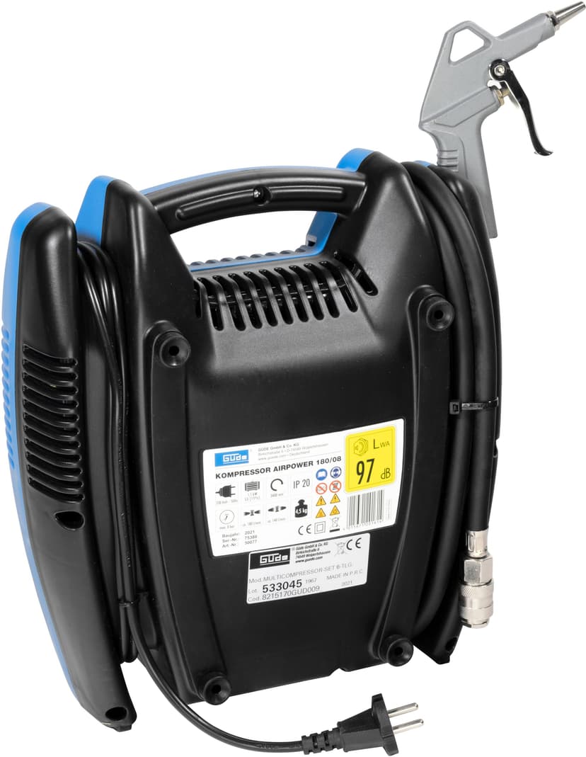Güde Compresseur Airpower 180/08 (sans huile et nécessitant peu d'entretien, entraînement par courroie, 8 bars, 1100 W, débit effectif 140 l/min, tuyau d'air comprimé de 2,5 m avec raccord rapide - 6