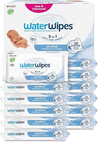 WaterWipes Sensitive+ Newborn & Baby Wipes, Lingettes Pour Nouveau-Nés et Bébés, 720 unités (12 paquets), 3-en-1 nettoie, soigne, protège, 99,9% d'eau, non parfumées