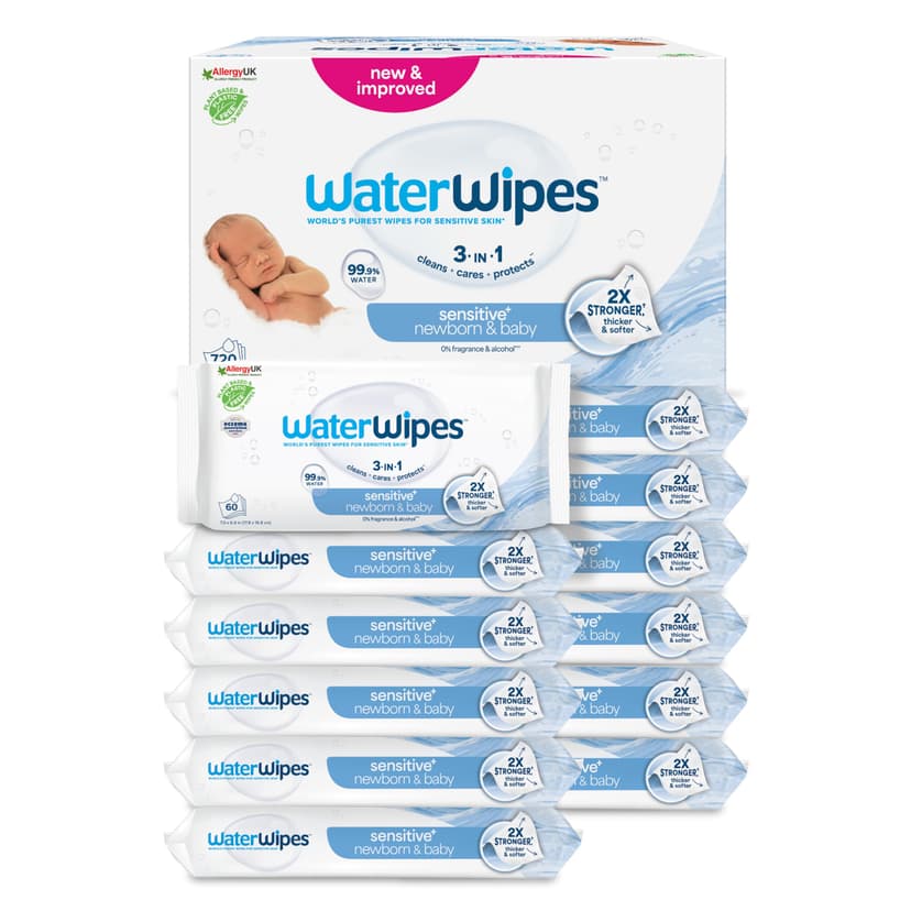 WaterWipes Sensitive+ Newborn & Baby Wipes, Lingettes Pour Nouveau-Nés et Bébés, 720 unités (12 paquets), 3-en-1 nettoie, soigne, protège, 99,9% d'eau, non parfumées - 1