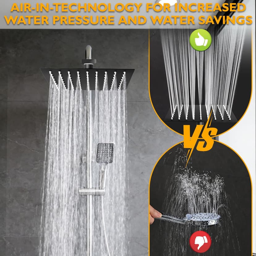 Bubuny Rain Shower Head Square Stainless Steel Shower Head 20 x 20 cm Adjustable Square with Self-Cleaning Nozzles Black - 3