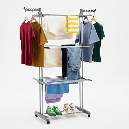 Amazon Basics Séchoir à Linge Intérieur, à Ailes Pliables, à 4 Niveaux, 72,9 à 126 x 64 x 173 cm (L x L x H), Argenté, pour Vêtements