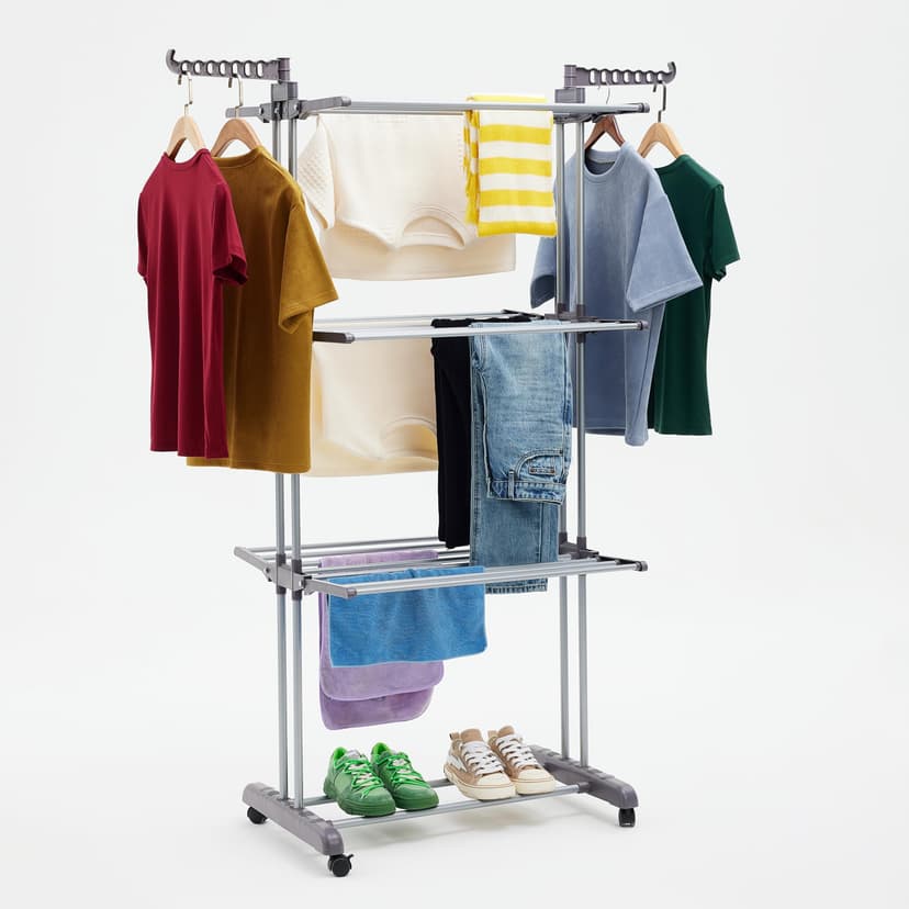 Amazon Basics Séchoir à Linge Intérieur, à Ailes Pliables, à 4 Niveaux, 72,9 à 126 x 64 x 173 cm (L x L x H), Argenté, pour Vêtements - 1