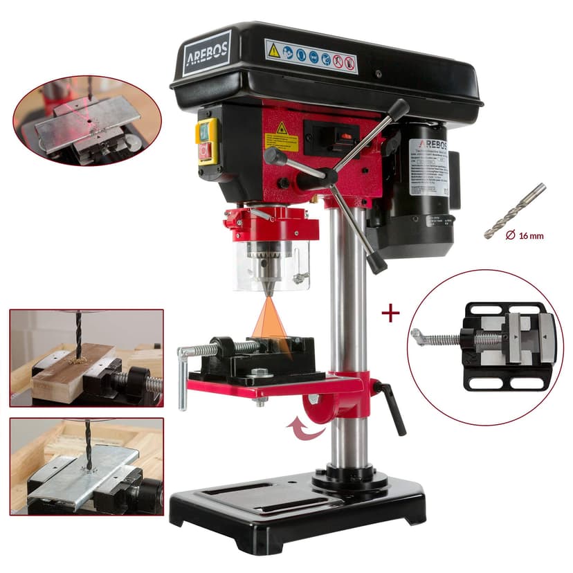 Arebos Perceuse à colonne 500 W | Avec système d'alignement laser | Réglage de table : 45 degrés – 0 – 45 degrés | 5 Vitesses différentes | Plage de Serrage: 1,5-13 mm - 3