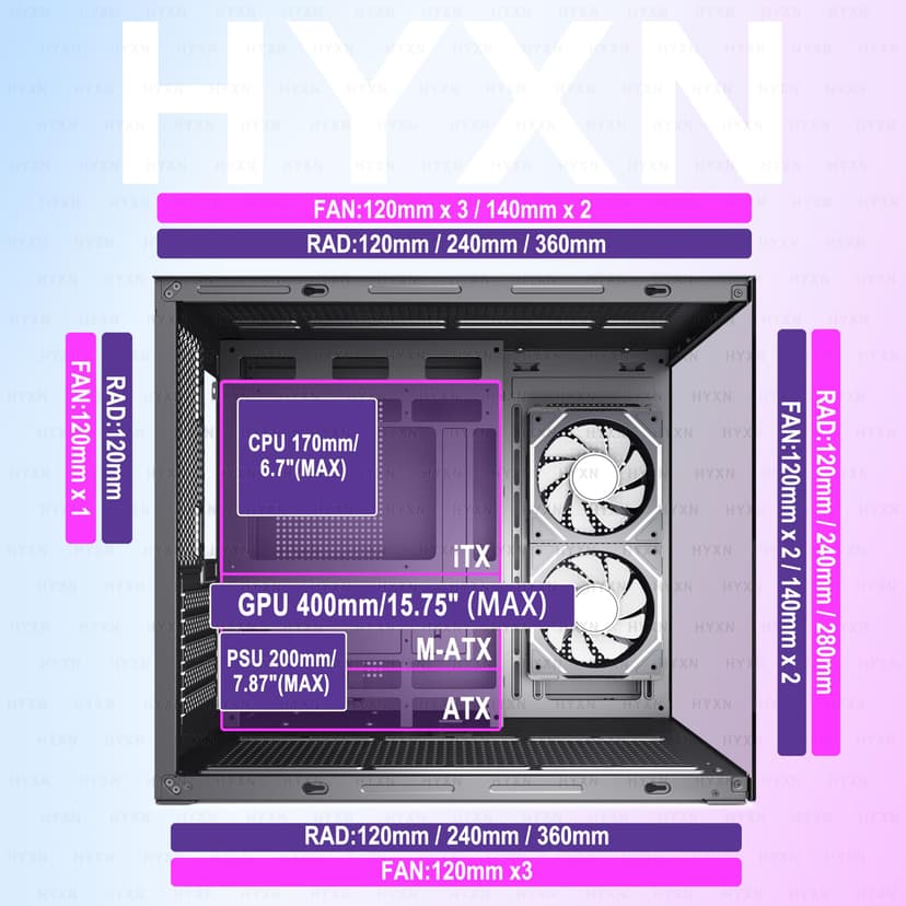 H3 ATX PC Case - Pre-Installed 6 Infinity Mirror PWM ARGB Fans, Compact ATX Dual Chamber Mid Tower Gaming PC Case, with Type-C 3.2 (Black, H3) - 3