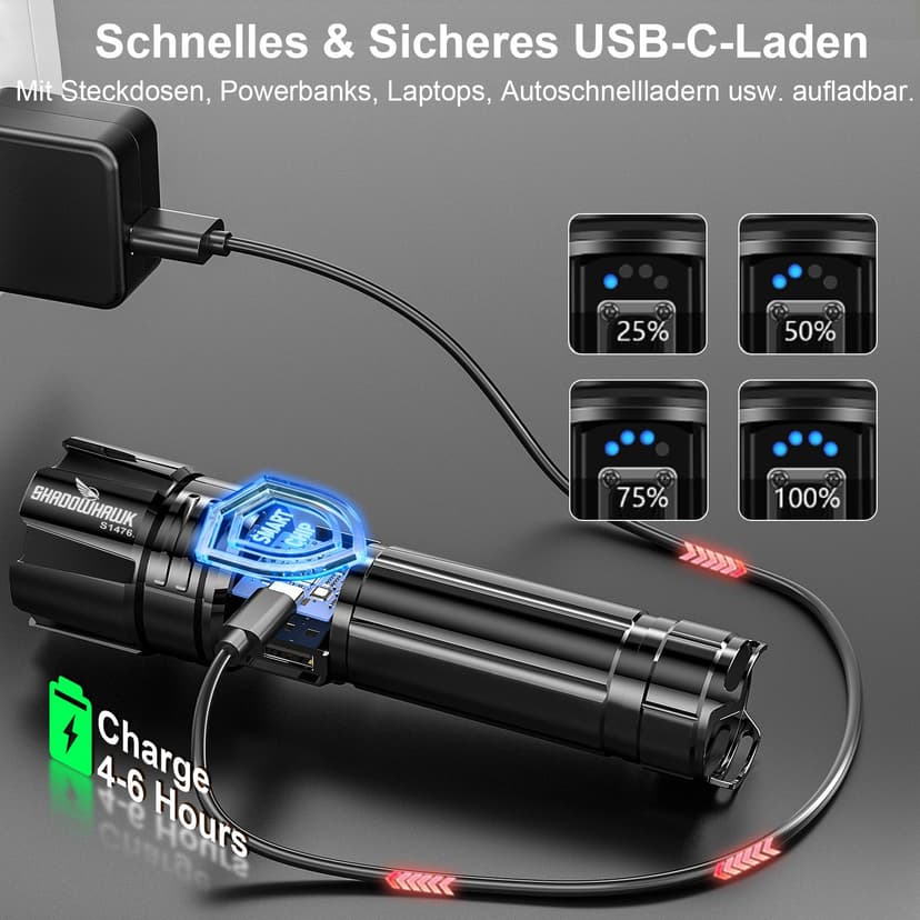 Shadowhawk LED Torch 500,000 Lumens, Extremely Bright USB Rechargeable Tactical Flashlight with Holster XHP70.2, IP67 Waterproof 5 Light Modes for Camping Hiking Emergencies - 5