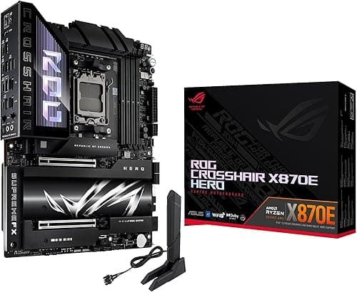 ASUS ROG Crosshair X870E Hero, AMD ATX motherboard, 18+2+2 power stages, DDR5 slots, PCIe 5.0 with full support for next-gen GPUs, five M.2 slots, Wi-Fi 7, USB4, AI Overclocking