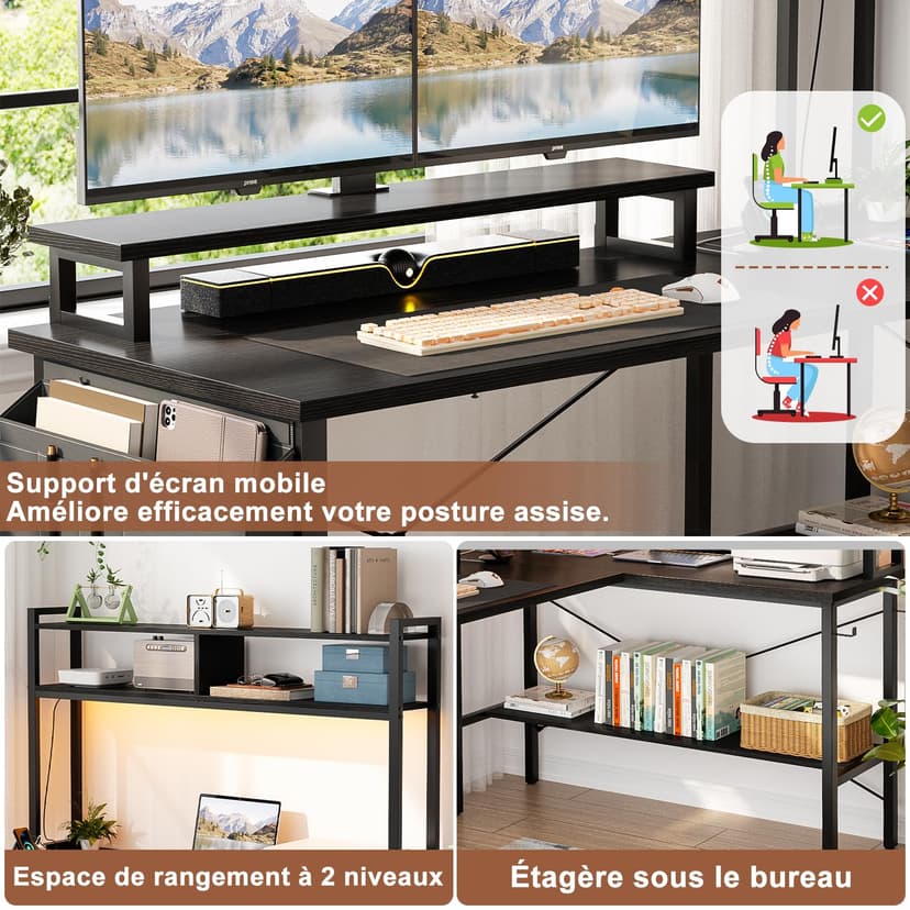 iSunirm L Shaped Gaming Desk with Power Outlets & LED Lights, Small L- Shaped Computer Corner Desk with Monitor Stand & Storage Shelf, Gaming Table with Storage Bag, Black - 5