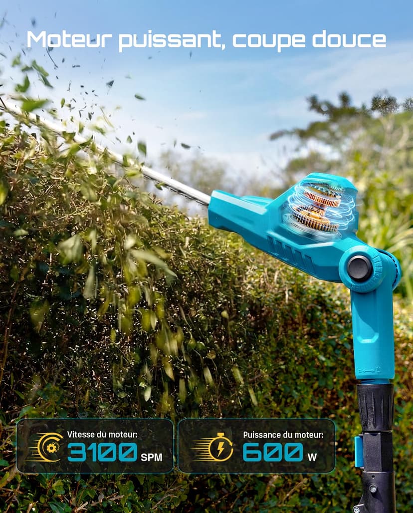 SEESII Telescopic Hedge Trimmer Battery 20 Inches, Lightweight 3.9 kg for Elderly and Women, 4.4 m Reach, 600 W Motor with 2 x 4.0Ah Batteries, Adjustable Head 135°, Electric Hedge Trimmer for High - 5