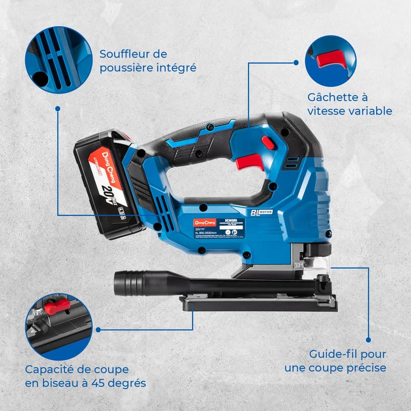 Dong Cheng Scie Sauteuse Sans Fil 18V Sans Balais, Scie Sabre Pendulaire course de 26 mm, 6 Vitesses, Coupe Biseau 0-45°, Double LED & Souffleur - Avec Batterie 4Ah, 6 Lames, Chargeur et Caisse Pro - 8