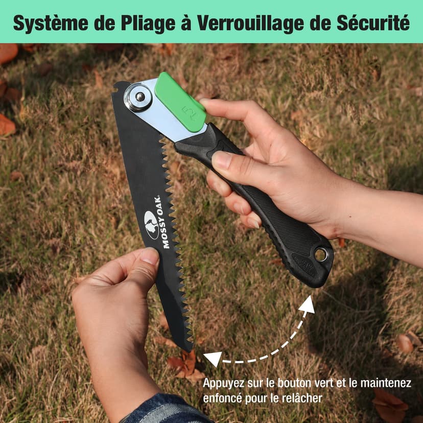 Mossy Oak Pruning Saw, Folding Hand Saw with Secure Lock, 3 Blades Made of Cr-V and 65Mn, for Wood, Bone, PVC, Tree Pruning, Camping, Hunting, Non-Ferrous Metal, Solid TPR Soft Grip and Portable Pouch - 6