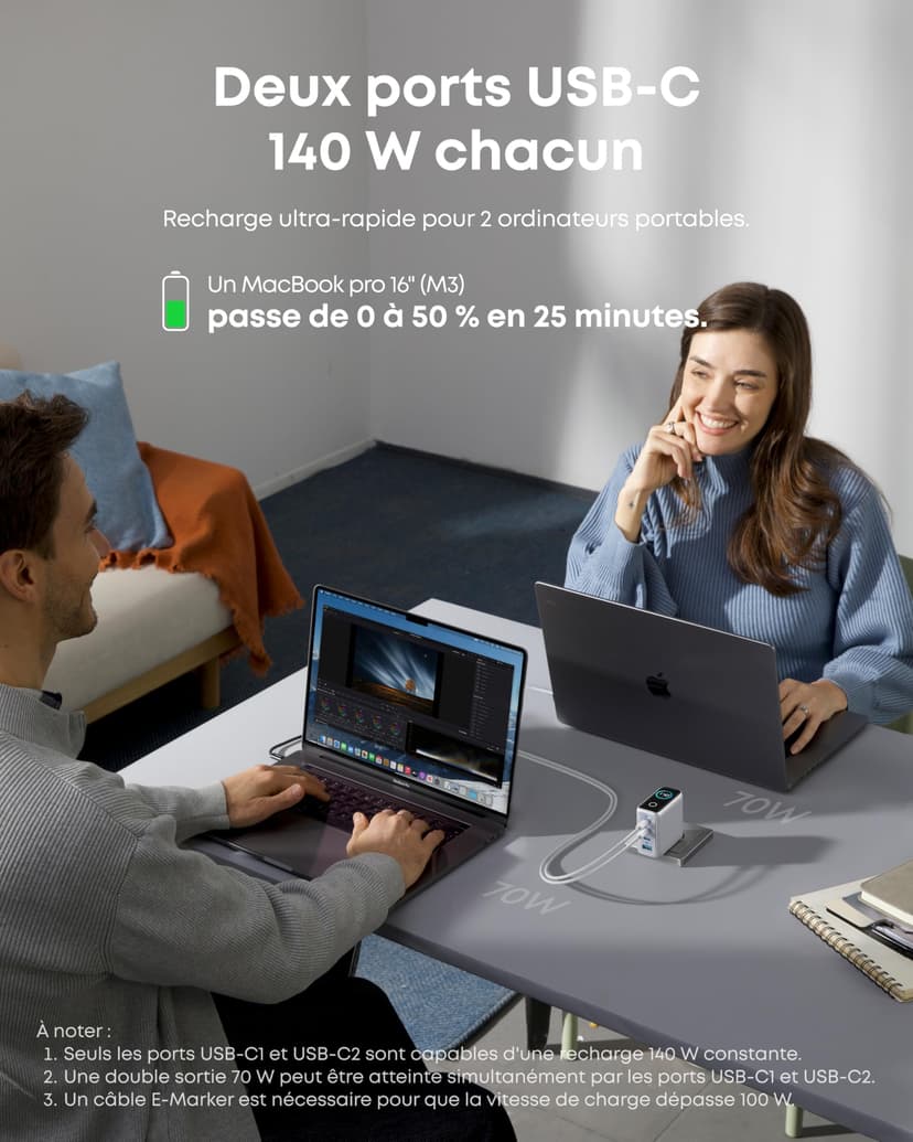 Anker Chargeur USB C 140 W, Adaptateur 4 Ports Rapide et Compact, Technologie GaN, Contrôles Tactiles Intuitifs, iPhone séries 17/16, Samsung, MacBook Air/Pro, Pixel, AirPods et Autres - 3