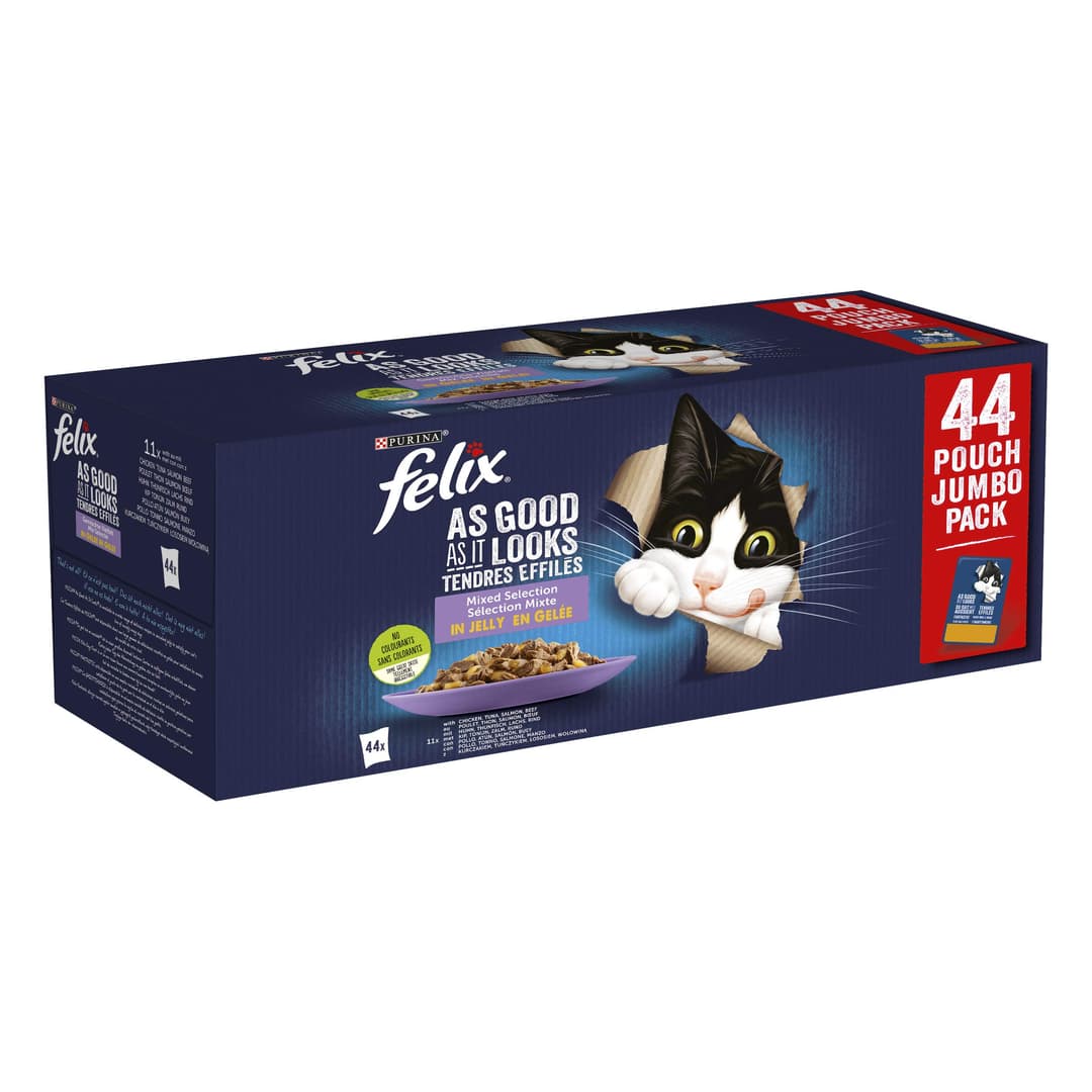 Felix Every Day Party Mix in Jelly Cat Food, Wet Food Meal Bags with Beef, Chicken, Salmon & Tuna, 44 x 85 g (44 meal bags; 3.7 kg)