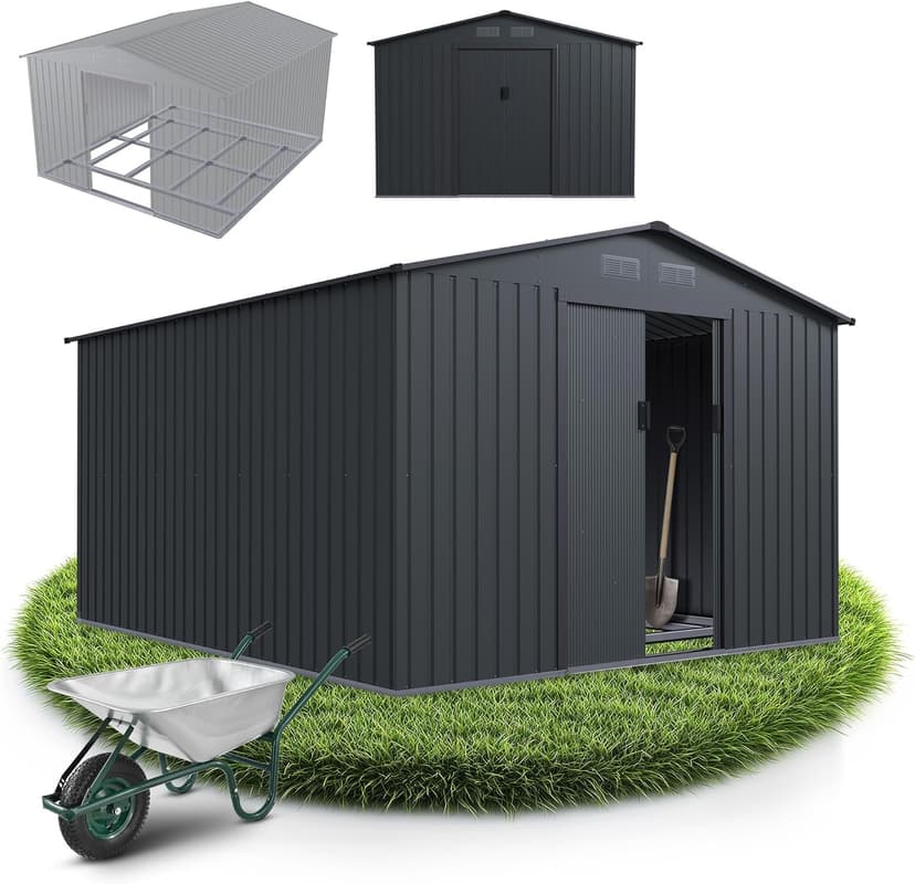 Juskys Metal Tool Shed XXL - Dark Grey, Weatherproof with Foundation Frame, Sliding Door & Lockable - for Garden & Storage - 1