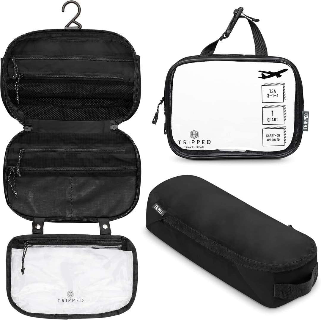 Toiletry Bag Kit Set: Hanging Travel Toiletry Bag + 311 TSA Cosmetic Liquid Bag + Ultralight Accessory Organizer Pouch, Black Ripstop, 3 Piece Toiletry Set