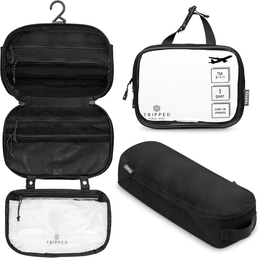 Toiletry Bag Kit Set: Hanging Travel Toiletry Bag + 311 TSA Cosmetic Liquid Bag + Ultralight Accessory Organizer Pouch, Black Ripstop, 3 Piece Toiletry Set - 1
