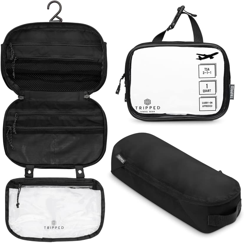 Toiletry Bag Kit Set: Hanging Travel Toiletry Bag + 311 TSA Cosmetic Liquid Bag + Ultralight Accessory Organizer Pouch, Black Ripstop, 3 Piece Toiletry Set - 1