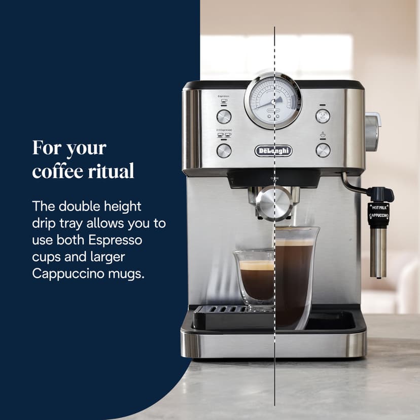 De'Longhi Linea Classic EM450.M Machine à café manuelle avec tige vapeur, machine à expresso avec pompe barista, buse pour cappuccino, filtre double paroi, 15 bar, tasse jusqu'à 13 cm, acier - 6
