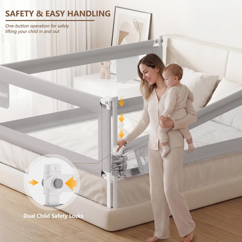 Baby Bed Barrier 140CM, Bed Rail for Children - Anti-fall, Adjustable Height, Easy Installation, Grey, 1pc - 4