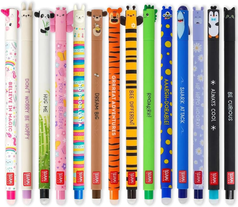 LEGAMI - Set of 14 Erasable Gel Pens with Thermosensitive Erase Ink, Range of ink colours & barrel designs, 0.7mm Tip, Animal Designs - 1