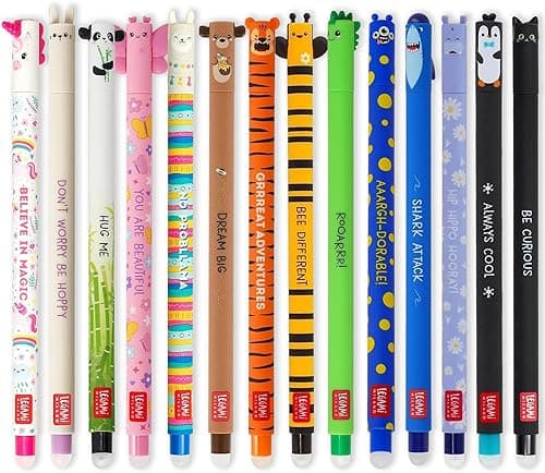 LEGAMI - Set of 14 Erasable Gel Pens with Thermosensitive Erase Ink, Range of ink colours & barrel designs, 0.7mm Tip, Animal Designs