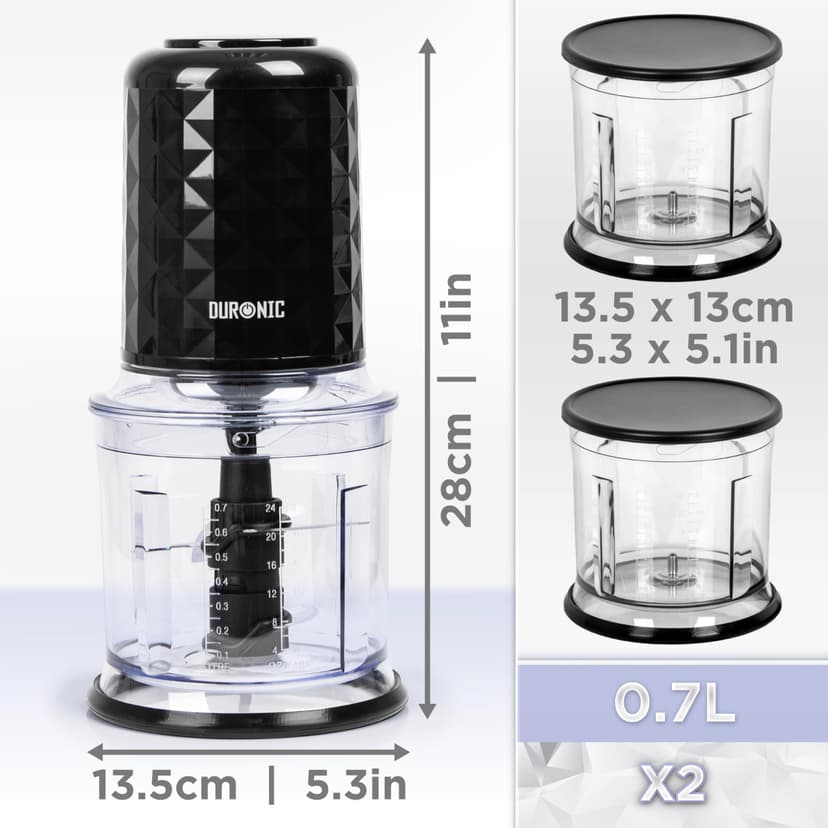 Duronic Mini Chopper CH57 BK Mini Food Processor 500W Black Vegetable Choppers 2 x 700ml Blender Bowl with Lid Garlic Chopper with Quad Stainless Steel Blades for Dips Sauces Vegetable Meat Mincer - 2