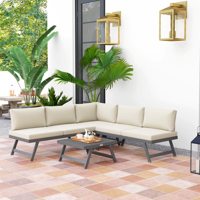 Outsunny Salon de Jardin extérieur d'angle et Convertible 4 pièces avec 2 banquettes, 1 Fauteuil d'angle et 1 Table Basse, Aluminium et Acier mobilier de Jardin pour Balcon terrasse, Beige - 8