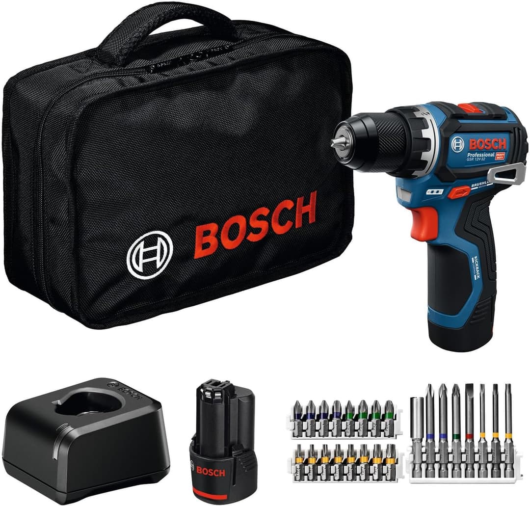 Bosch Professional 12V System GSR 12V-32 Cordless Drill (Advanced Kickback Control, Brushless Motor, with 2.0Ah Battery, GAL 12V-20, Accessories, P&C Inlay, Tool Bag)