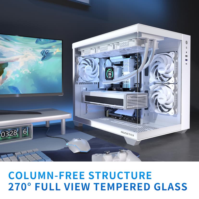 MUSETEX ATX PC Case, 360 mm Wheel Support, Type-C Gaming, 270° Full View Tempered Glass Mid Tower, 3 Non-LED Fans Pre-installed, Pure White Computer Case, Y6 - 2
