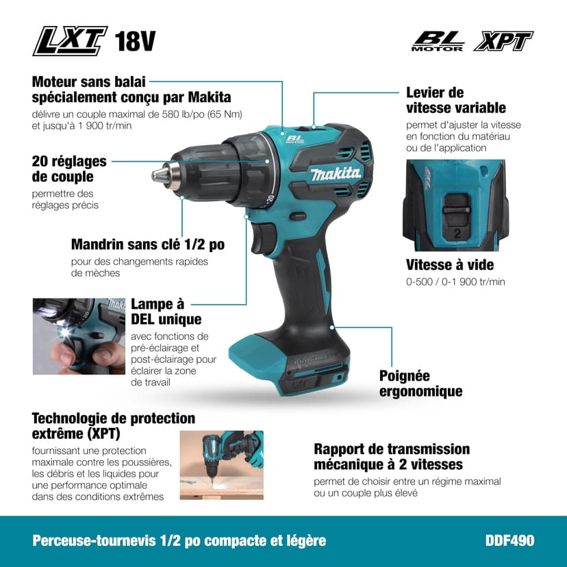 Makita Perceuse sans balais DDF490Z Li-ion LXT 18 V, piles et chargeur non inclus - 3