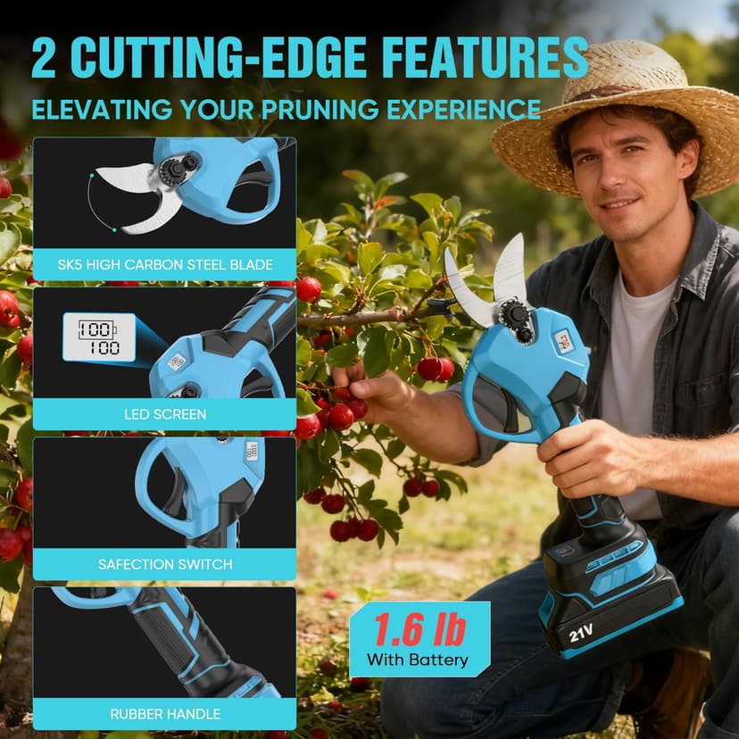 Sécateur Électrique Sans Fil 40 mm, Secateur Electrique avec Batterie 3000mAh, Lames Sharp SK5, Moteur Sans Balais, Écran LED, Sécateur sur Batterie pour Vigne, Olivier, Arbre Fruitier, Jardinage - 2