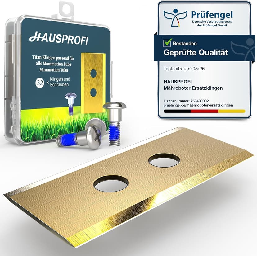 HAUSPROFI Lot de 32 lames et lames de rechange en titane pour Mammotion Luba 2, Luba 1 & Yuka, testé DIN EN 50636-2-107, +60 % de lames robotiques durables, avec vis sécurisées et boîte - 1
