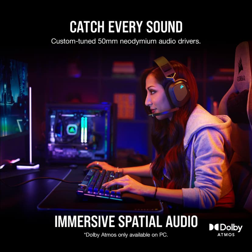 Corsair HS80 RGB Wireless Casque Gaming Premium avec Dolby Atmos Audio (Faible Latence, Microphone Omnidirectionnel, sans Fil Jusqu'à 18 Mètres, 20 Heures d'autonomie, Compatibilité PS5/PS4) Carbone - 4