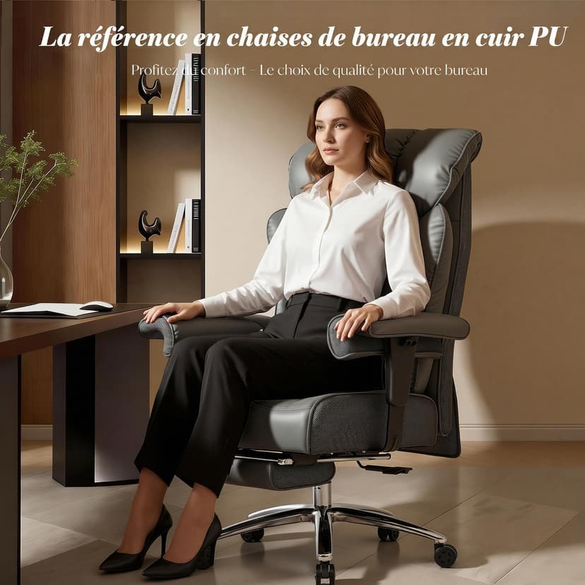 Efomao Sedia da Ufficio Ergonomica, Poltrona Direzionale in Ecopelle PU con Poggiapiedi Estraibile, Sedia da Scrivania Reclinabile con Imbottitura Spessa, Supporto Lombare, Portata 200kg (grigio) - 3