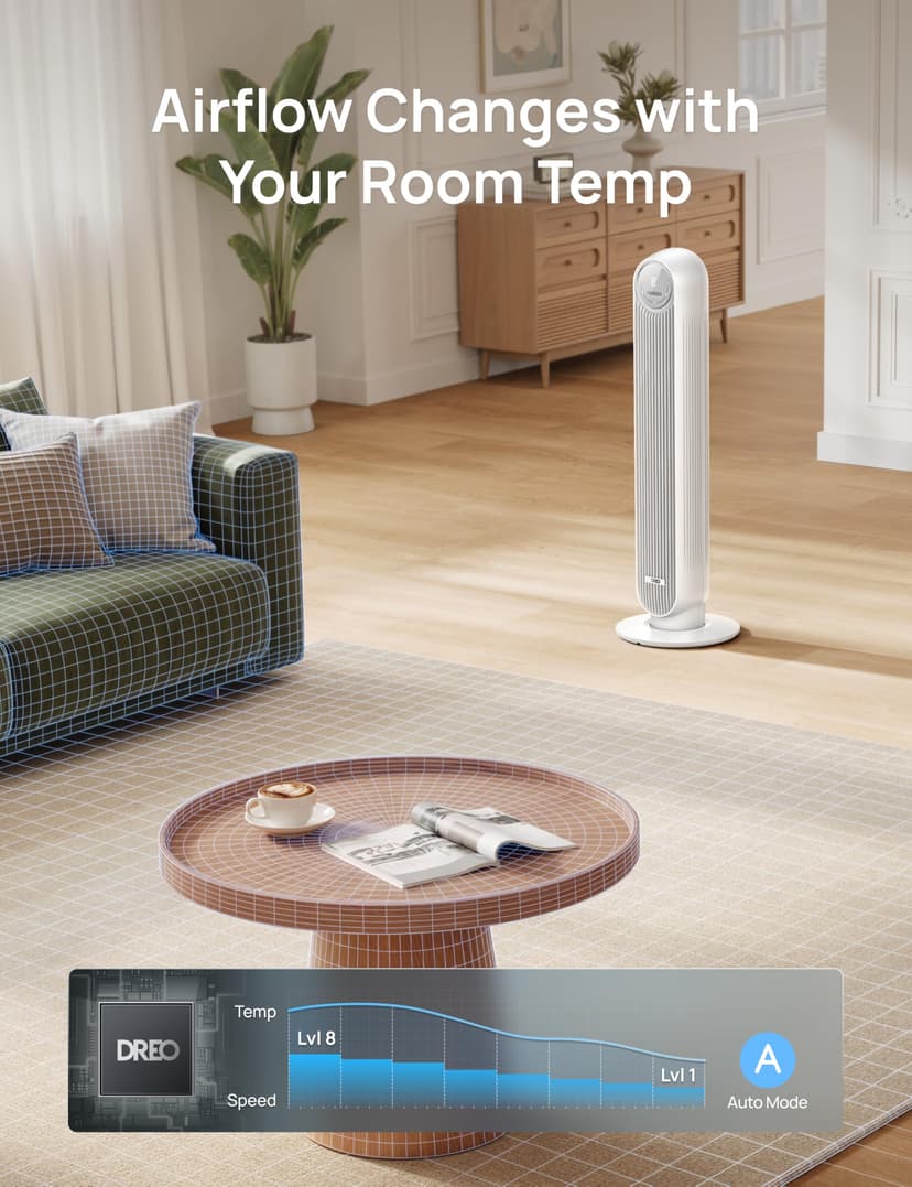 Dreo ventilateur colonne silencieux, Vitesse 7,6 m/s - Oscillant à 90° ventilateurs tour pour chambre, 92 cm de haut, Télécommande incluse, 4 vitesses, 4 modes, minuterie 8H, Noir - Nomad One - 7