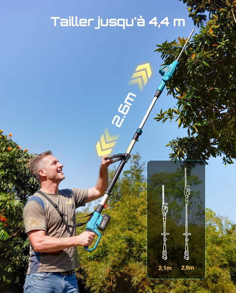 SEESII Telescopic Hedge Trimmer Battery 20 Inches, Lightweight 3.9 kg for Elderly and Women, 4.4 m Reach, 600 W Motor with 2 x 4.0Ah Batteries, Adjustable Head 135°, Electric Hedge Trimmer for High - 4