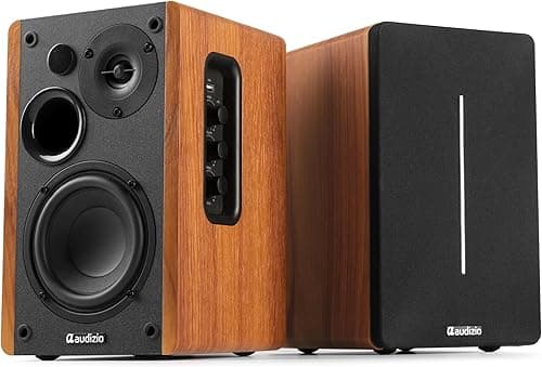 Audizio KS01B - Paire d’Enceintes HiFi Bibliothèque 120 W Finition Bois | BT sans Fil, Entrées RCA/Optique, Design Élégant, Son Clair et Puissant