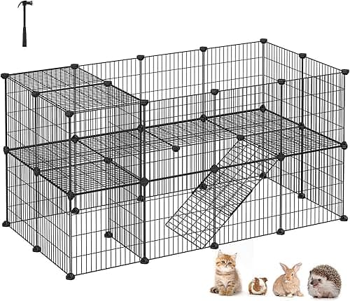 SONGMICS Clôture pour Animaux Domestiques, 2 Niveaux, Enclos Modulable, pour Petits Animaux, Hamsters, Lapins, Cochon d’Inde, Panneaux Grillagés, Usage Intérieur, 143 x 73 x 71 cm, Noir LPI02H