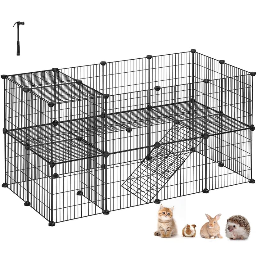 SONGMICS Clôture pour Animaux Domestiques, 2 Niveaux, Enclos Modulable, pour Petits Animaux, Hamsters, Lapins, Cochon d’Inde, Panneaux Grillagés, Usage Intérieur, 143 x 73 x 71 cm, Noir LPI02H - 1